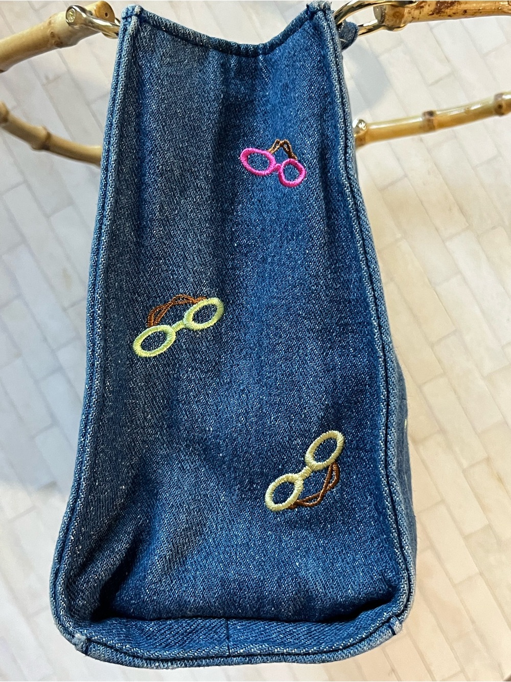 Denim Embroidered Glasses Satchel with Bamboo Handle Colorful - Picture 8 of 13